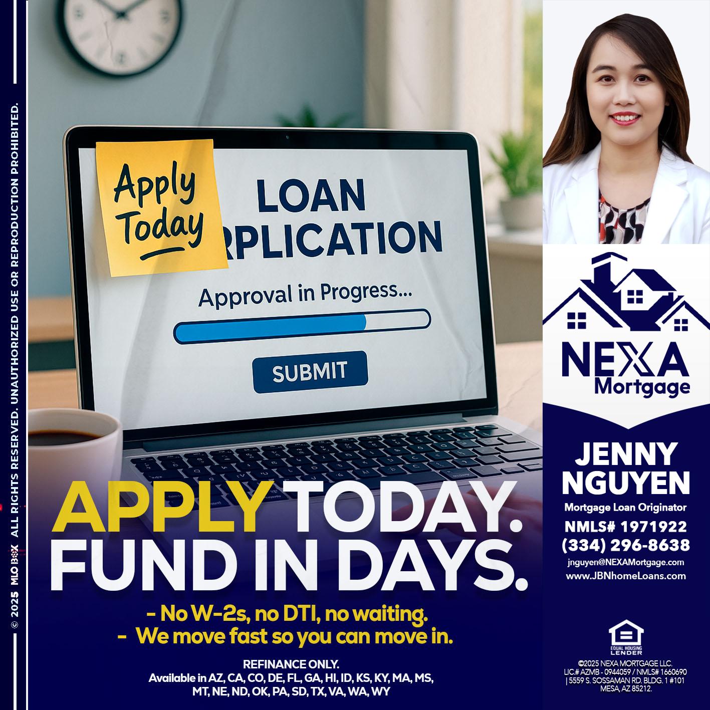 APPLY TODAY - Jenny Nguyen -Mortgage Loan Originator