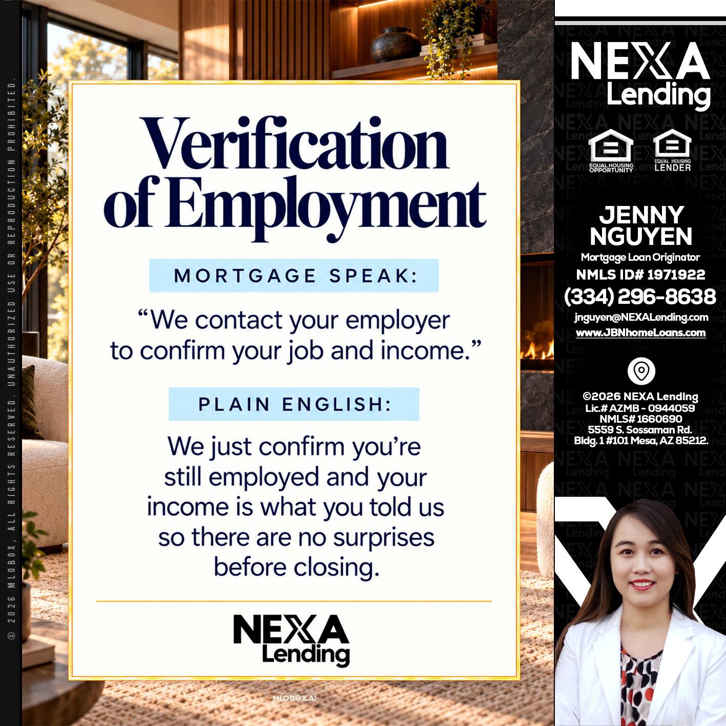 VERIFICATION OF EMPLOYMENT - Jenny Nguyen -Mortgage Loan Originator